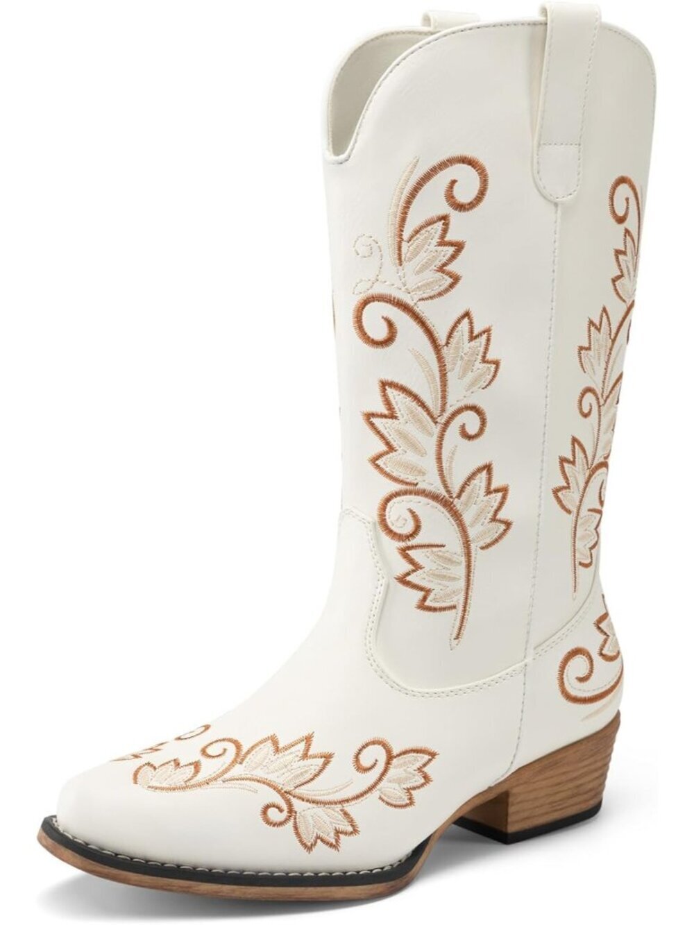 Women's White Cowboy Cowgirl Western Mid Calf Boots Square Toe Embroidered - Picture 1 of 6